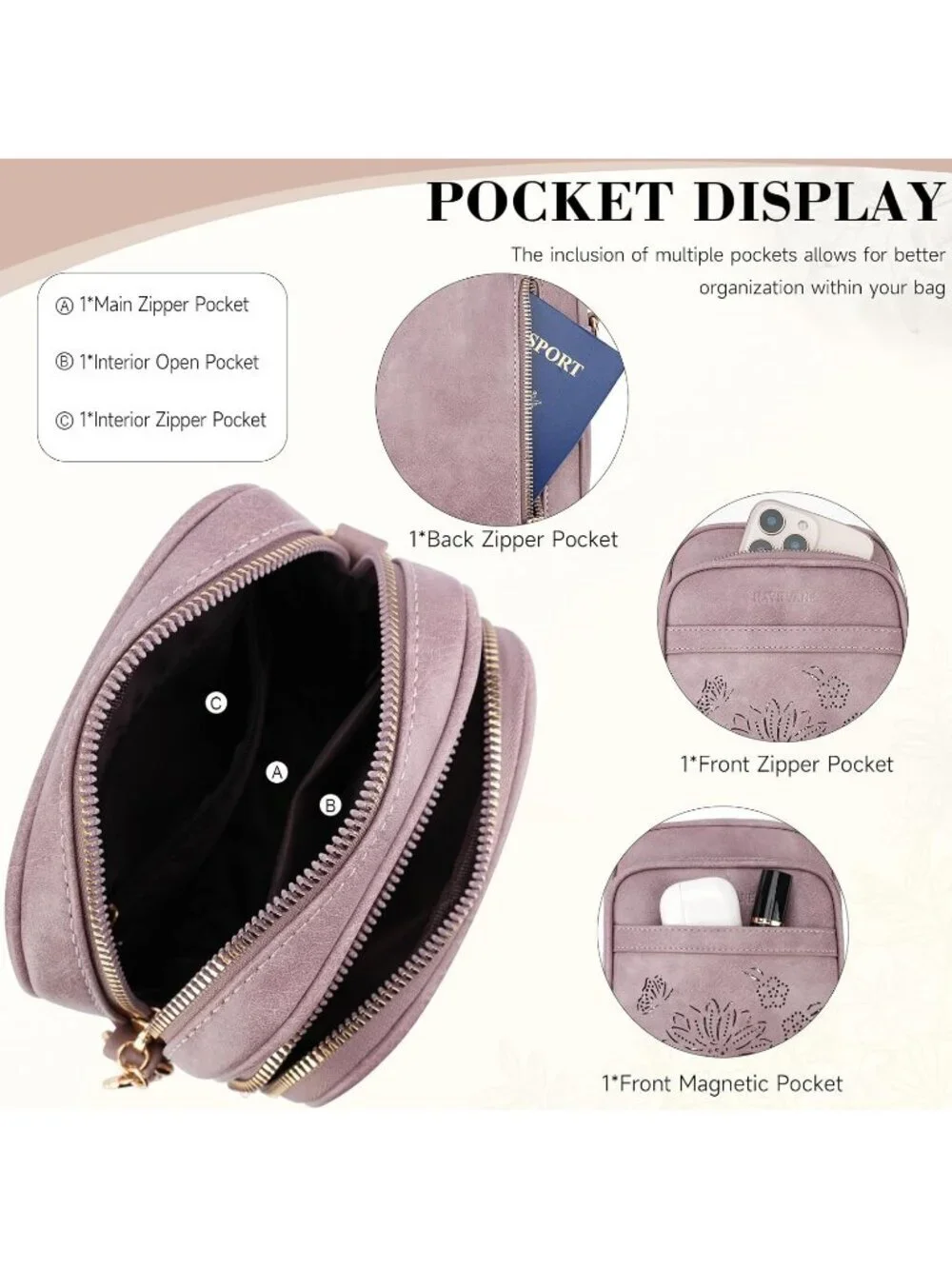Women's purple Crossbody Phone Purse Triple Compartment Lightweight Shoulder Bag